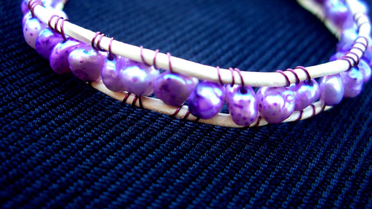 Leather Cord Bracelet Cream Purple Freshwater Pearl