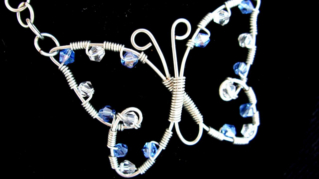 Wire Wrapped Butterfly Necklace Swarovski Crystal Non Tarnish Silver