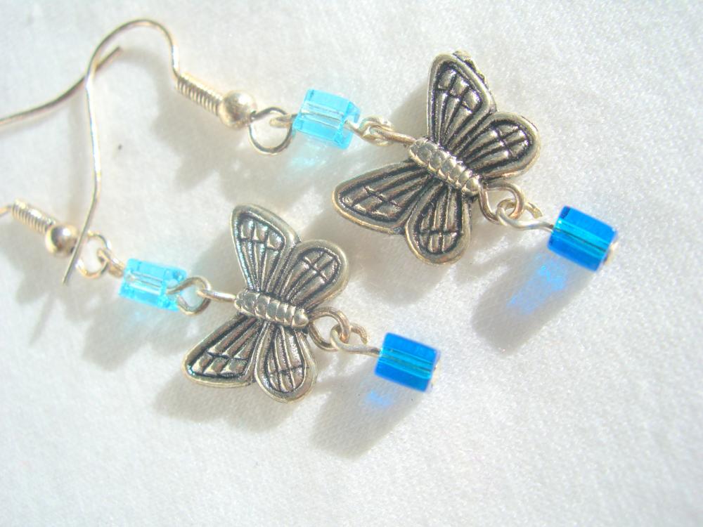 Blue Butterfly Earrings Silver Ocean Sky Cube Chandelier Dangle