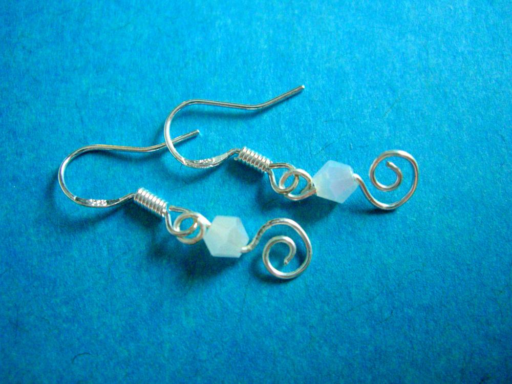 White Swarovski Scroll Earrings Wire Wrap Sterling Silver