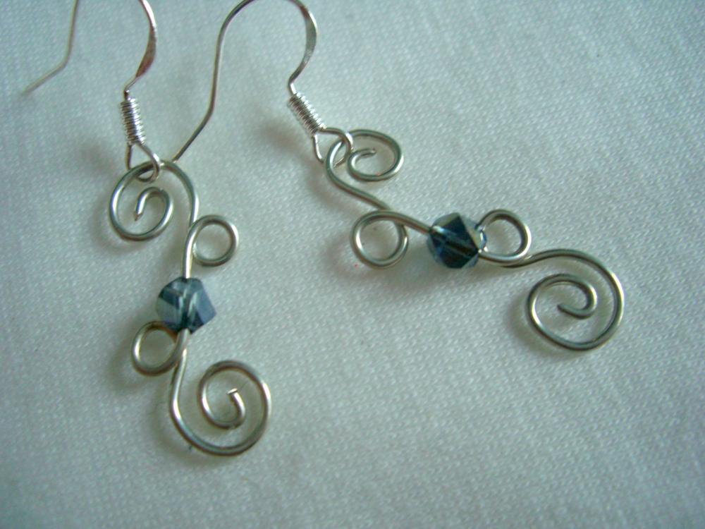 Denim Swarovski Earrings Wire Wrap Scroll Loop Blue Sterling Silver