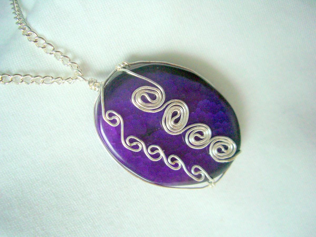 Wire Wrap Pendant Necklace Purple Dragon Vein Agate Stone Non Tarnish Silver Plated
