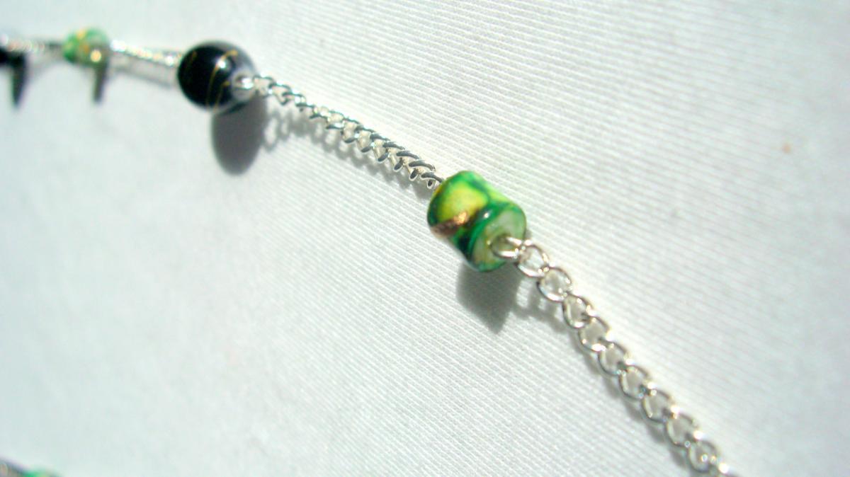 Long Silver Necklace Black Gold Graffiti Marbled Green